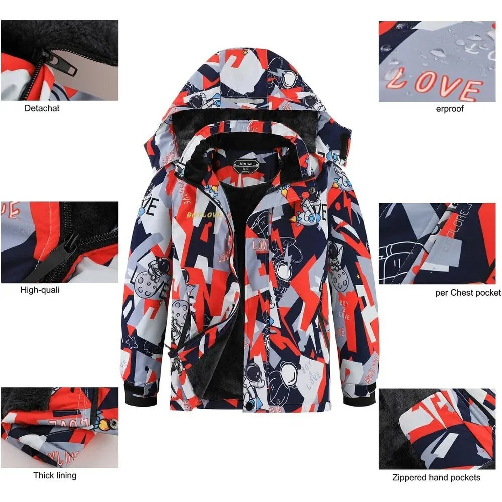 Boy's Ski Jackets Waterproof Winter Coat Fleece Windproof Snowboarding Jacket wi